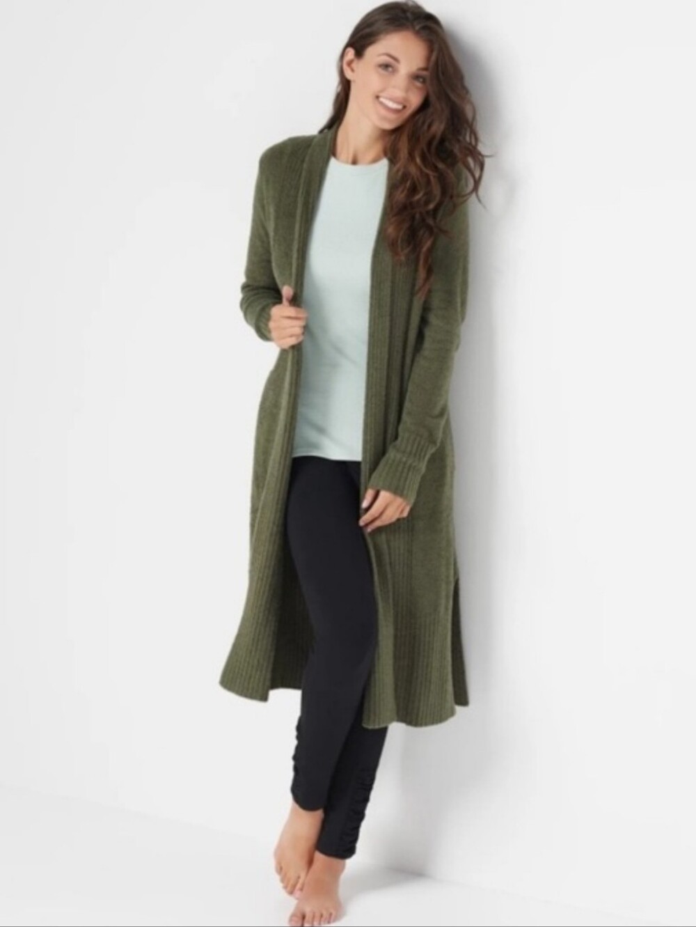Barefoot Dreams Long Cardigan Catalina CozyChic Lite Olive Green Open Front 3X